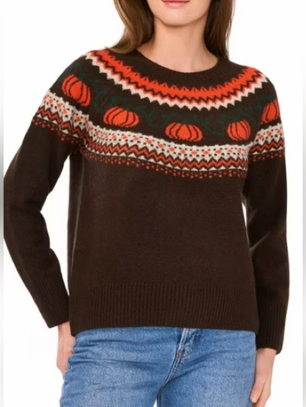 Vince Camuto Brown Crewneck Sweater with Orange Pumpkin Fair Isle Yoke Sz XL